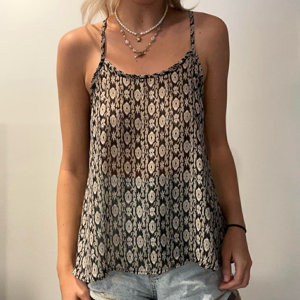 Nabee Black, Cream & White Designed Sheer Racerback Tank Top (Size: Small)